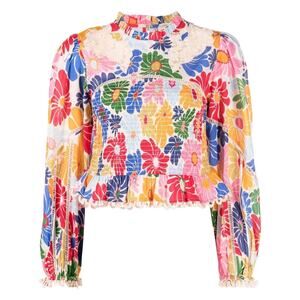 Farm Rio Sunny Daisies Smocked Cotton Peplum Blouse Size Small